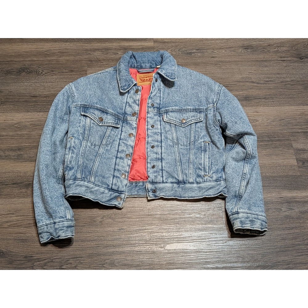 Levis Womens Cropped Denim Trucker Jacket Light Acid Wash Pink Quilted Lining XS